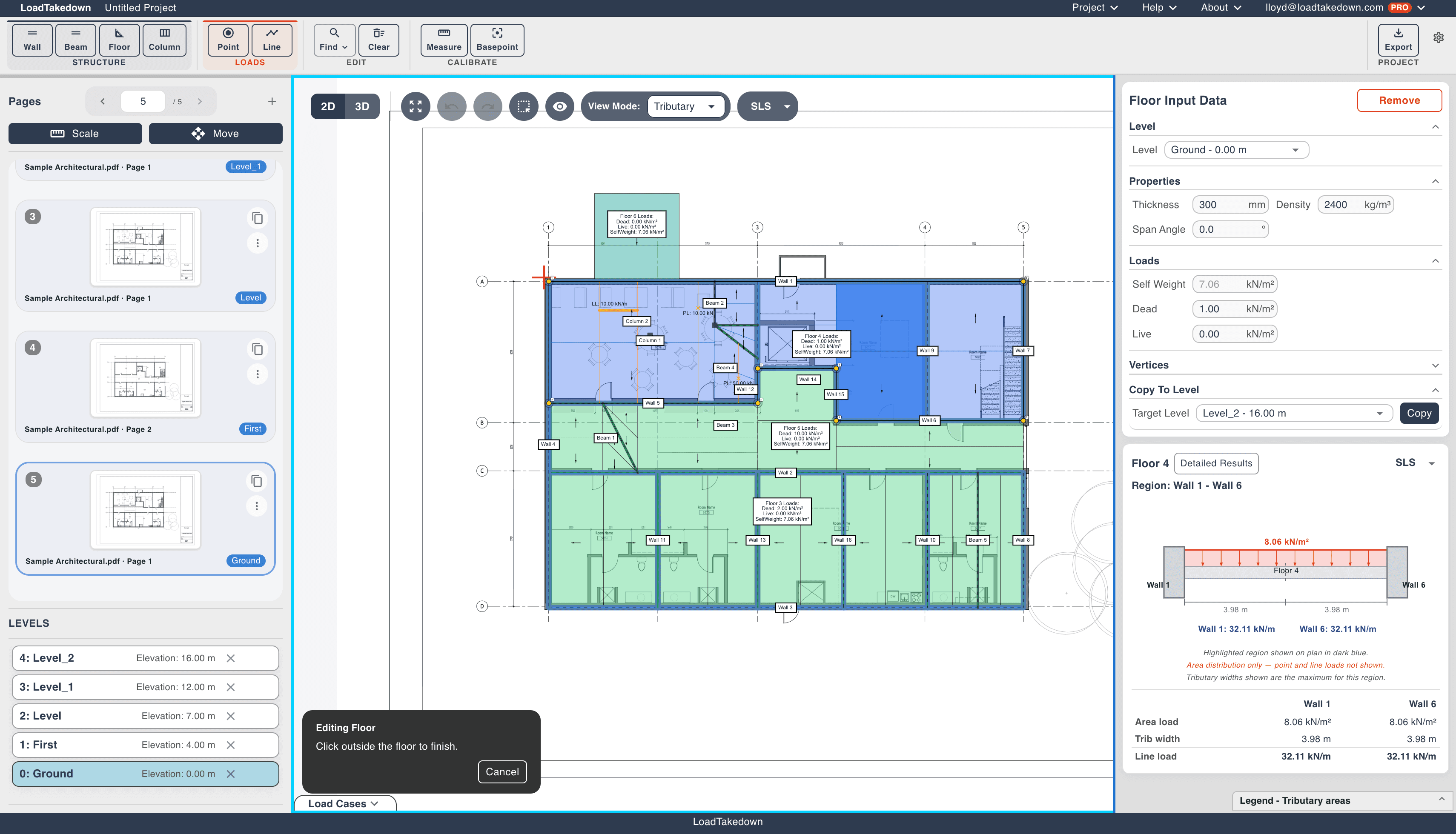 2D plan editor with floor selected and tributary area visualisation