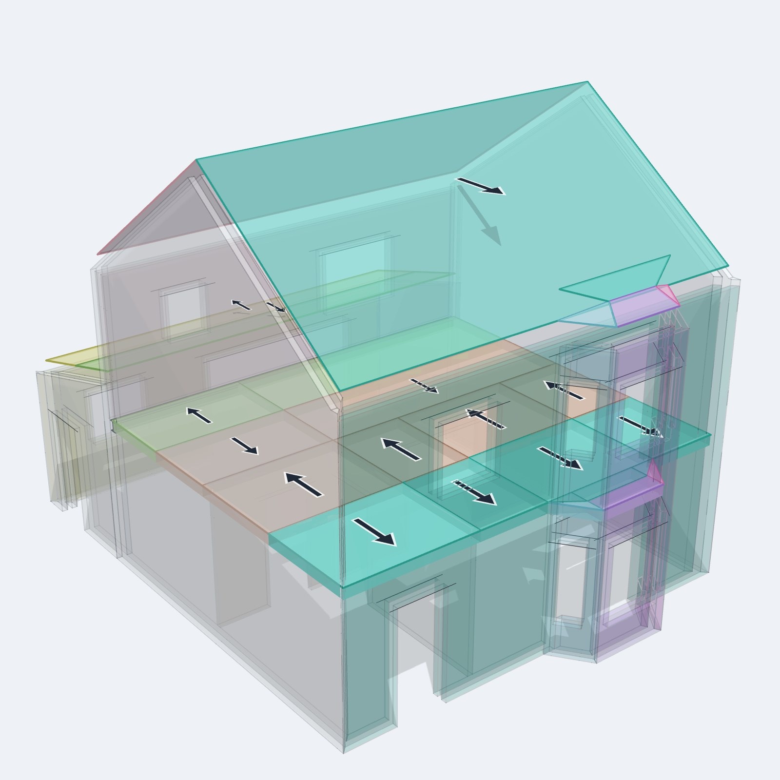 The example house turning slowly in 3D, showing how each floor and the roof span onto the walls below