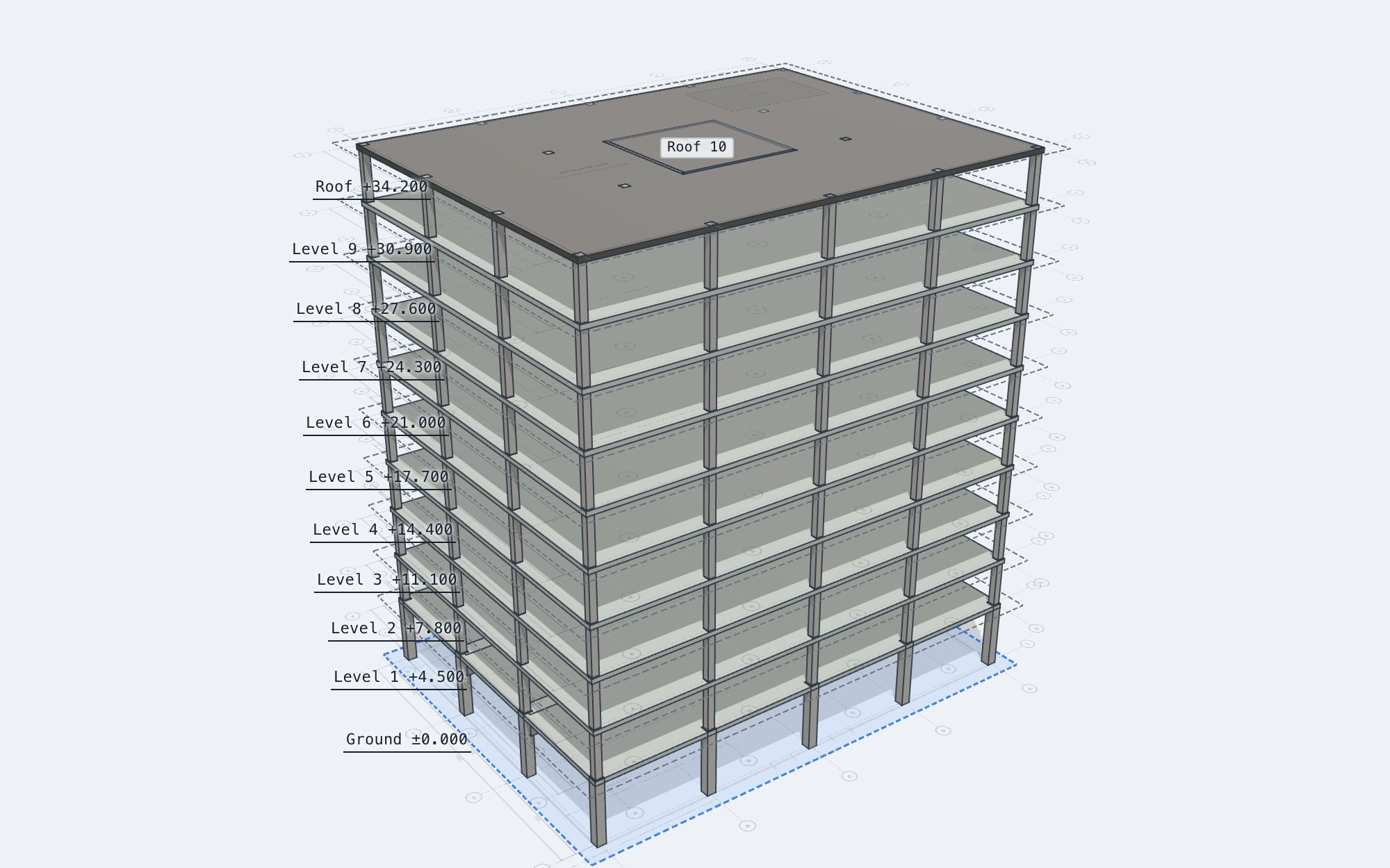 The example ten-storey concrete frame in 3D