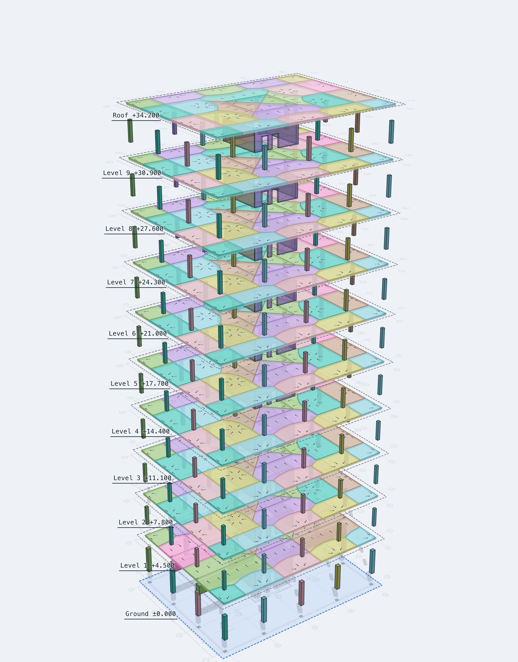 The example tower pulled apart storey by storey, each slab's tributary areas coloured to match the column or wall it loads