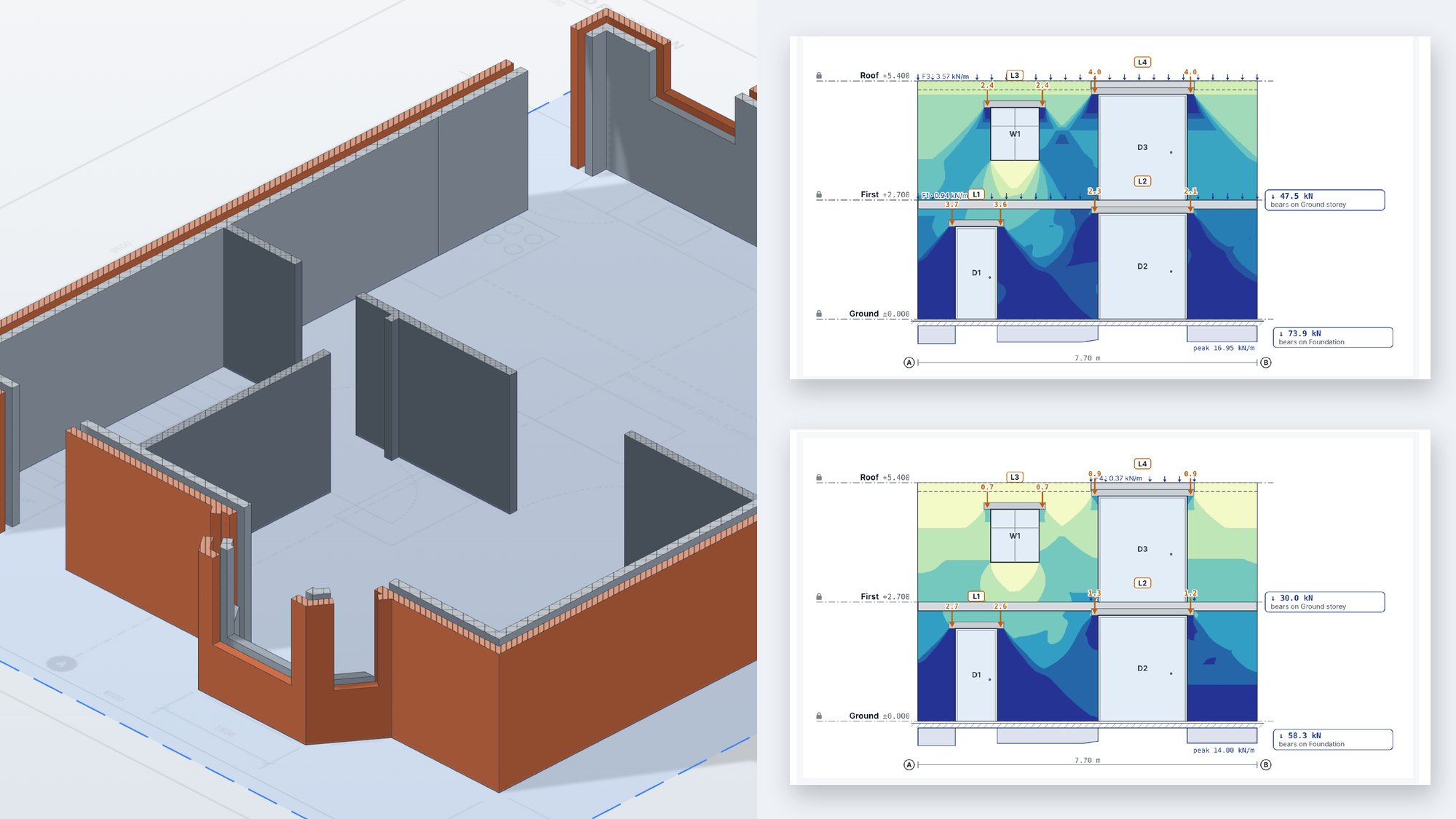 Cavity walls cut in 3D beside the report's stress diagrams for the outer and inner leaf of one wall