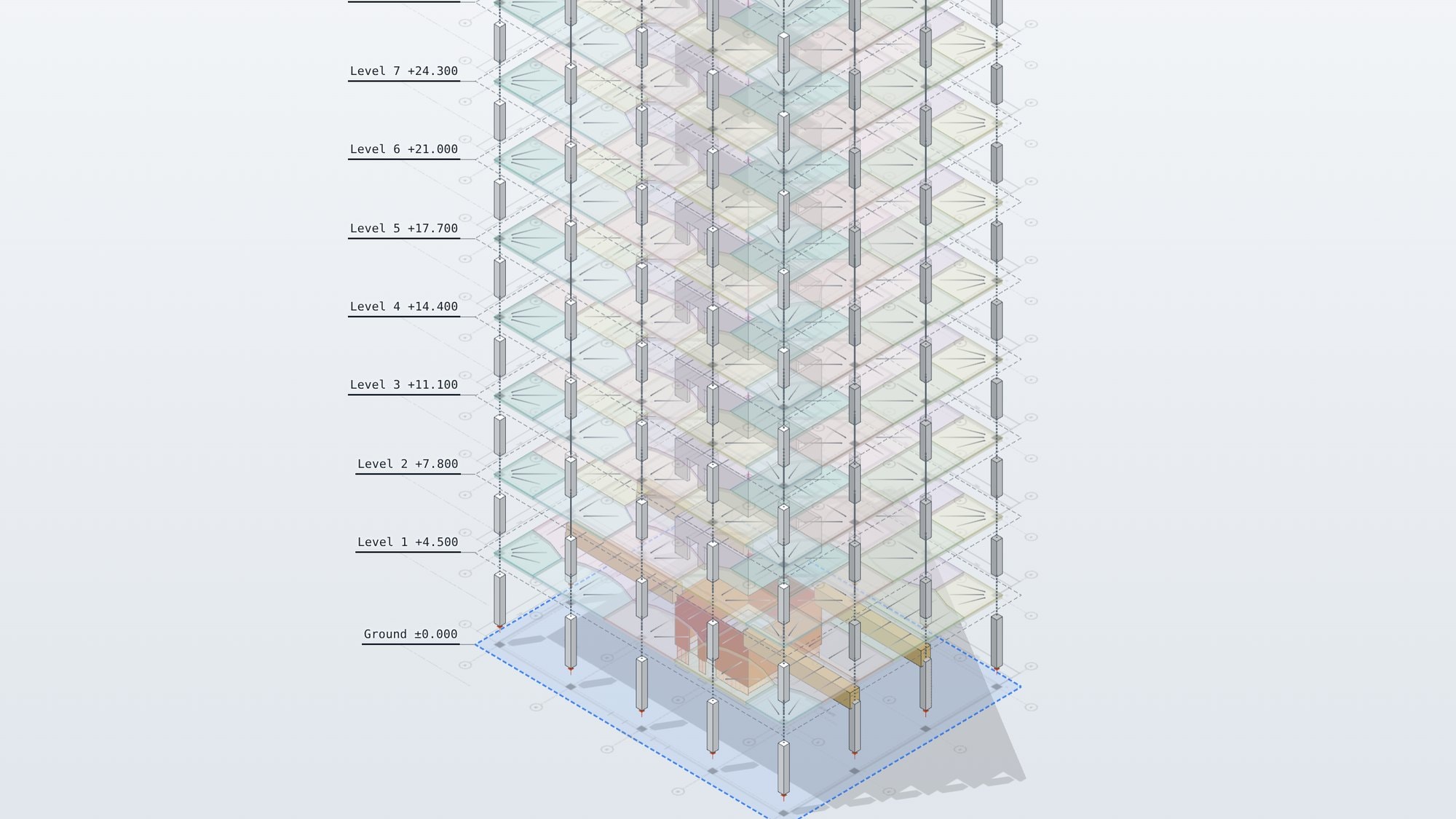 The example tower pulled apart storey by storey, each concrete column running down to its base
