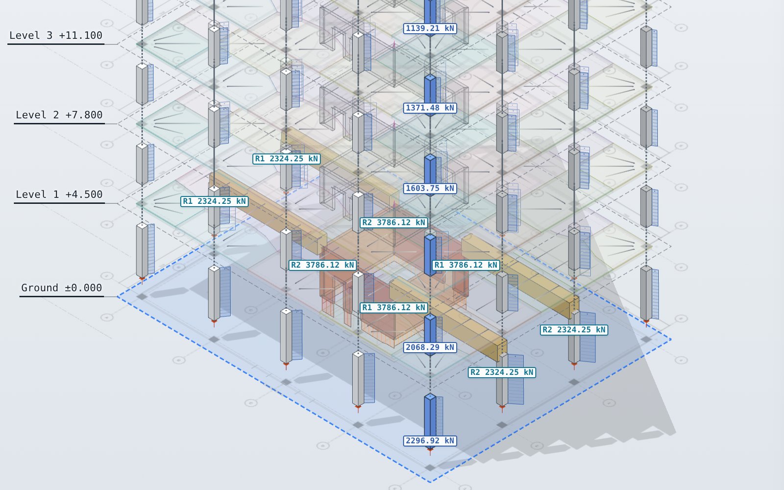 The example tower with each storey pulled apart, one column selected and its load in kN at every storey down to the base