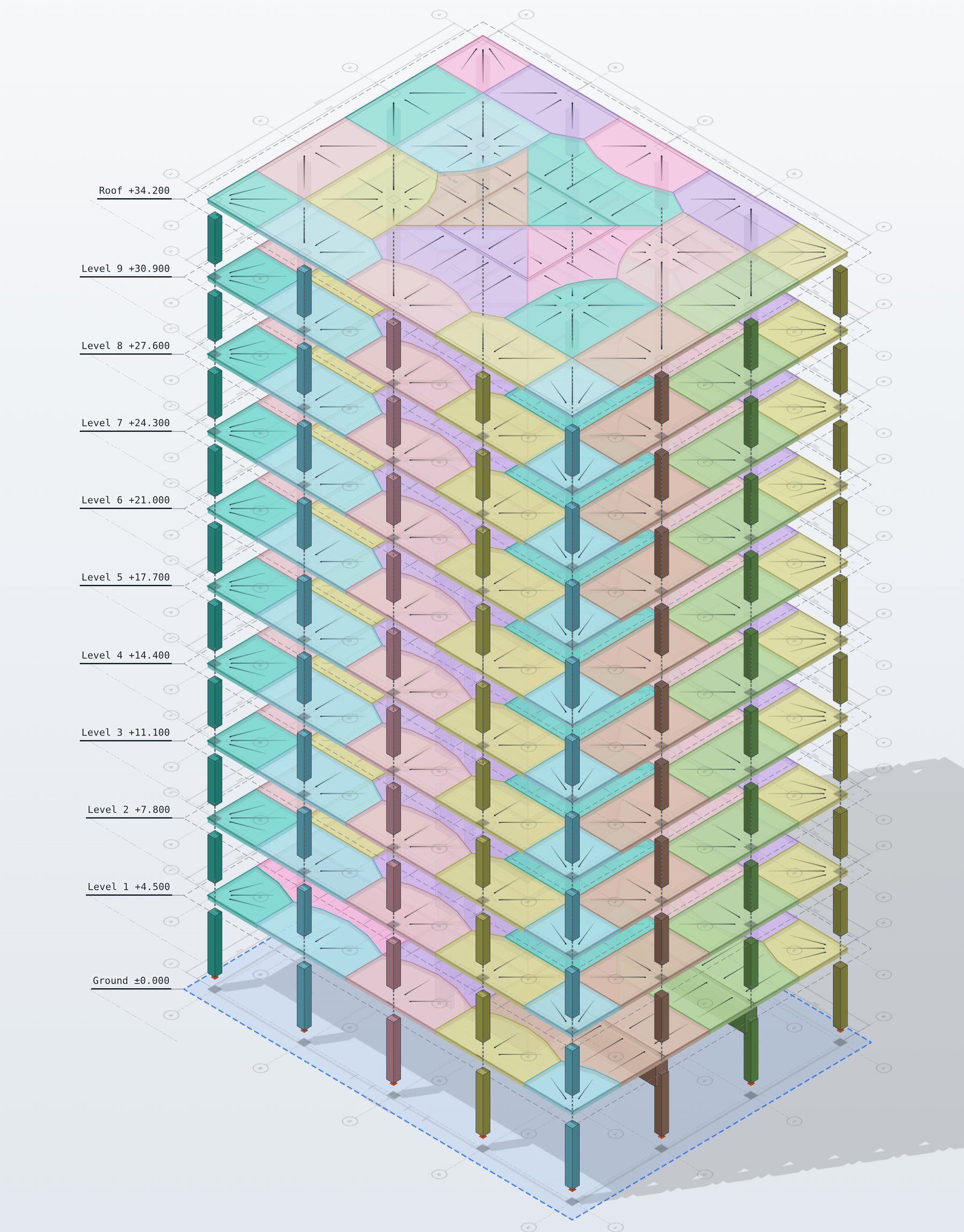 The example tower pulled apart storey by storey, each slab's tributary areas coloured to match the column or wall it loads