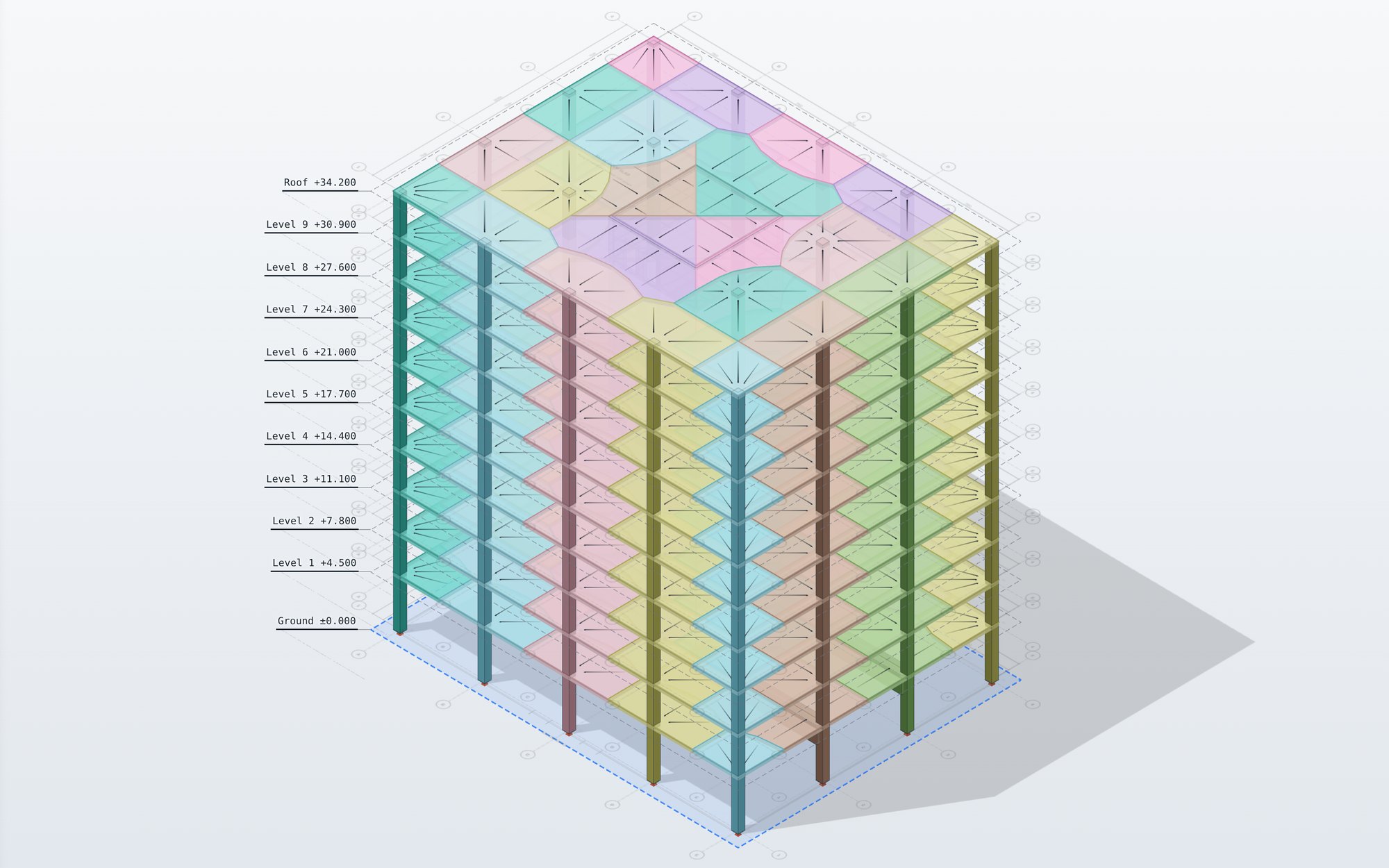 The example tower pulled apart storey by storey, each slab's tributary areas coloured to match the column or wall it loads