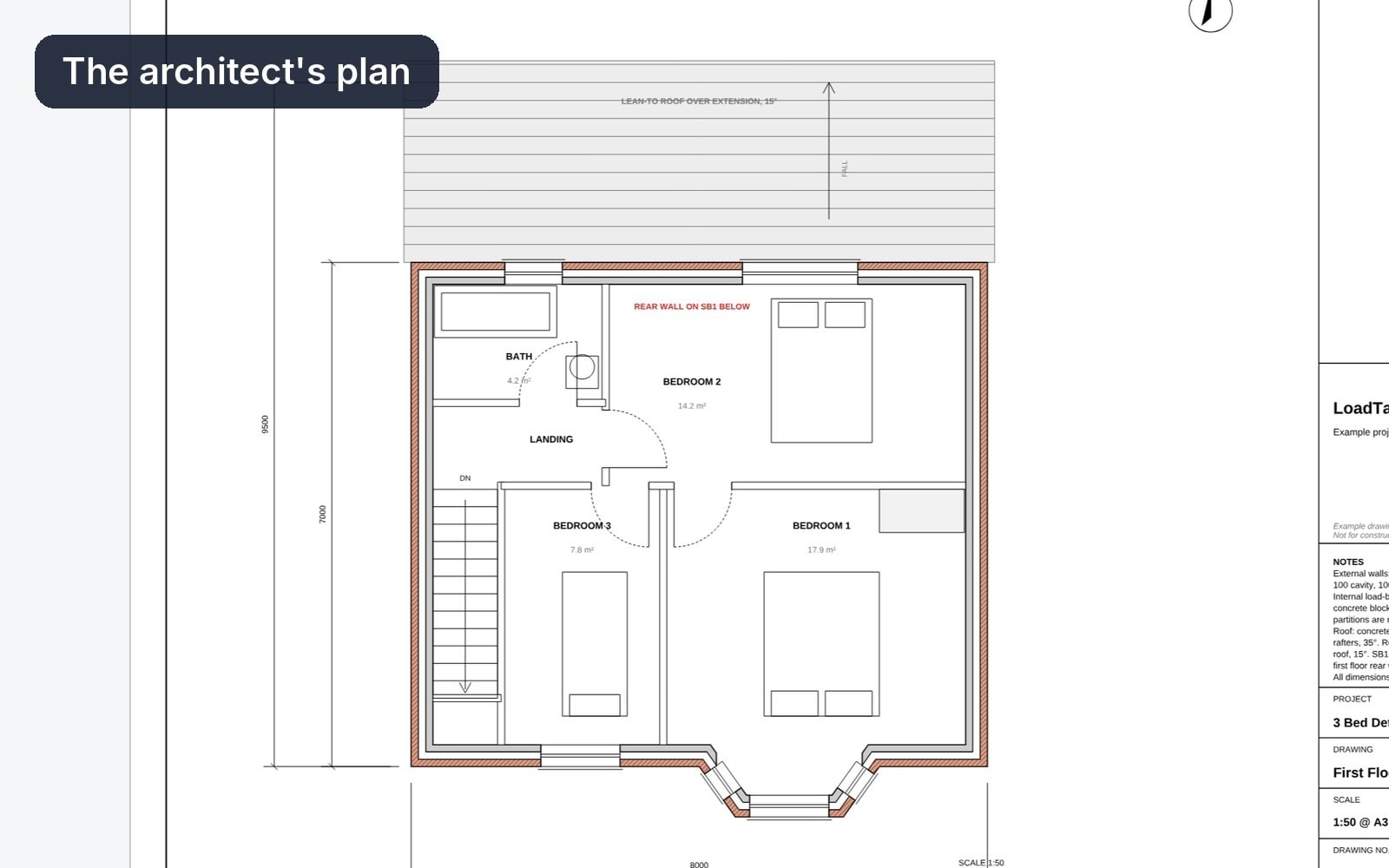 An architect's floor plan becomes walls and floors, then coloured tributary areas, then a 3D house with the load at each wall base