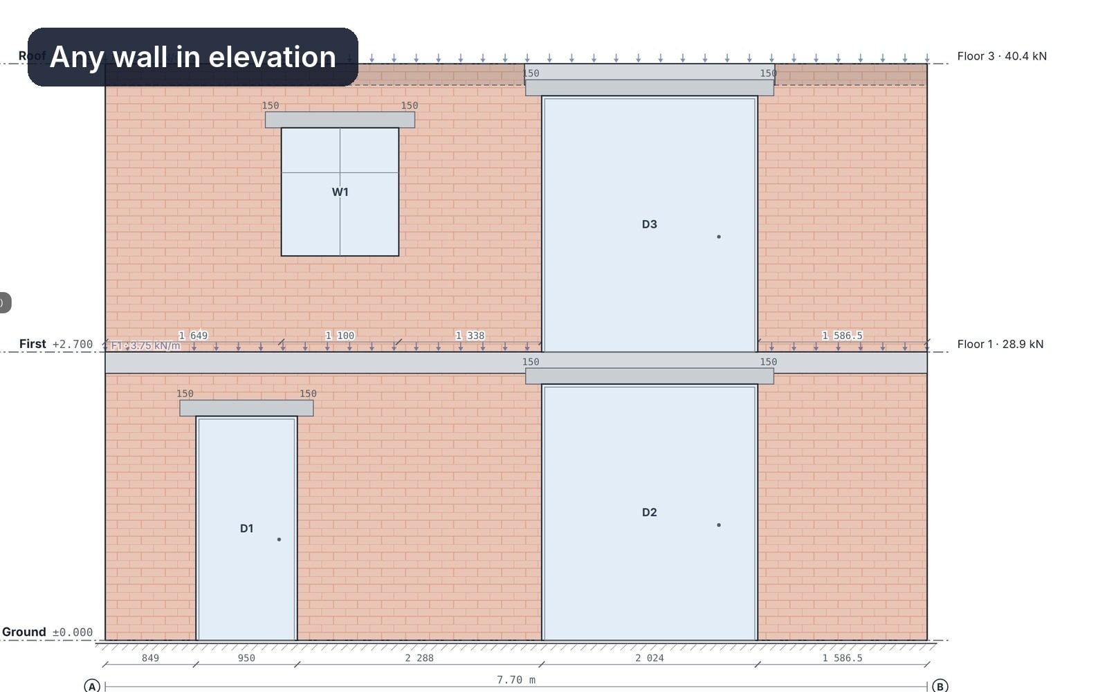 Masonry wall elevation with window and door openings and the stress spreading under the lintels