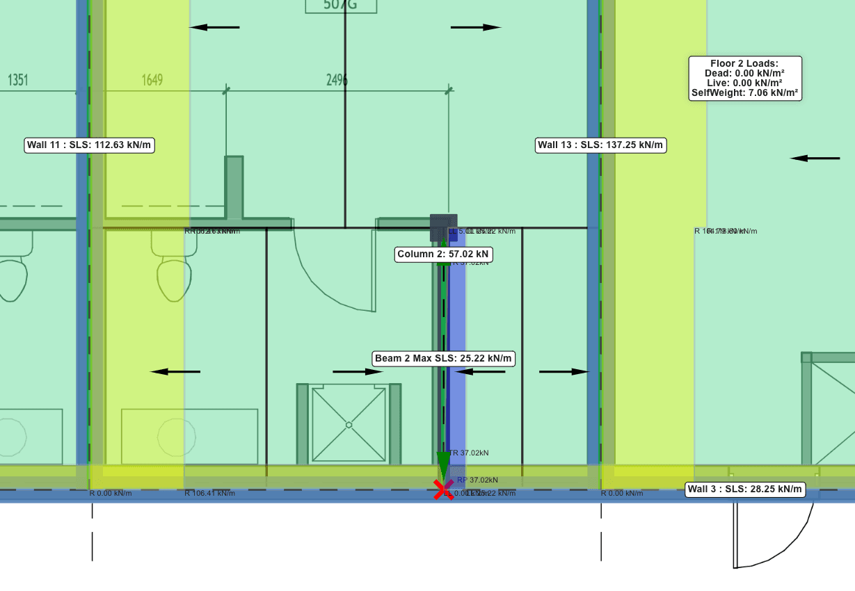 Results table showing load values for structural elements