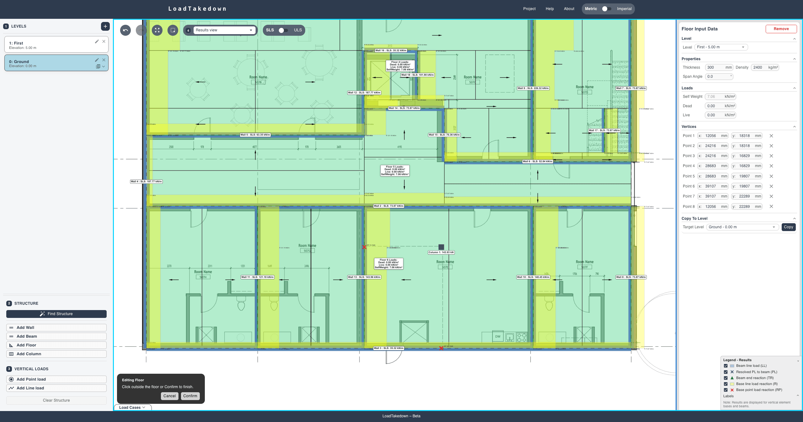 LoadTakedown interface showing floor plan with tributary areas and load calculations